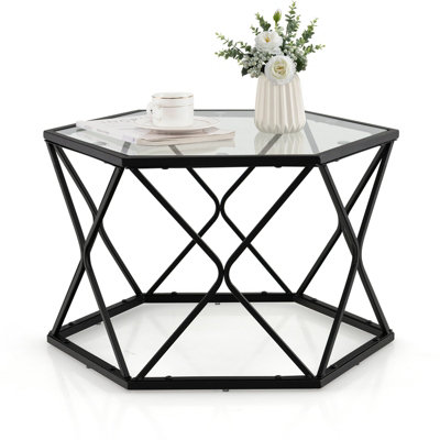 Costway Geometric Glass Coffee Table Hexagonal End Table w/ Tempered Glass Top