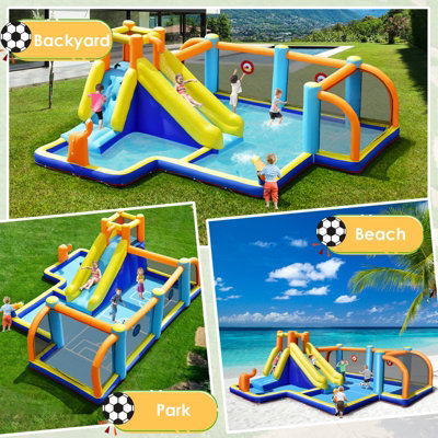 Costway Giant Soccer-Themed Inflatable Bouncer Backyard Wet Dry Combo ...