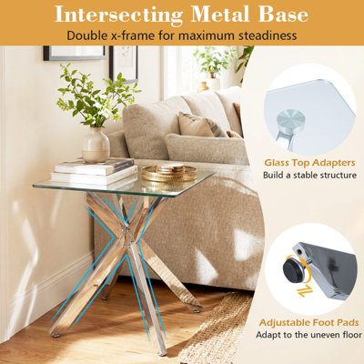 COSTWAY Glass Side Table Square Coffee Table with Tempered Glass Top ...