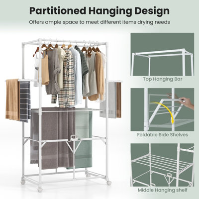 Costway H-shaped Clothes Drying Rack Collapsible Hanging Dryer Stand w/ Lockable Wheels