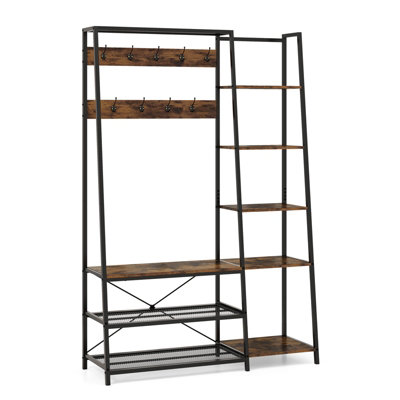 COSTWAY Hall Tree with Storage Bench Industrial Coat Rack Shoe Bench w/ 9 Hooks
