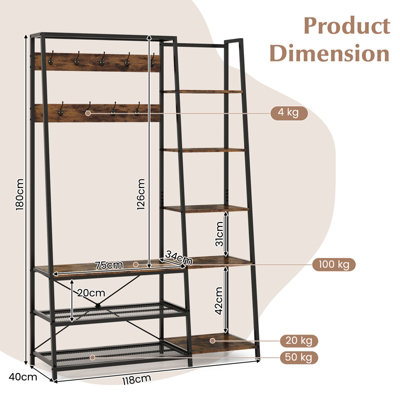 COSTWAY Hall Tree with Storage Bench Industrial Coat Rack Shoe Bench w/ 9 Hooks - 3
