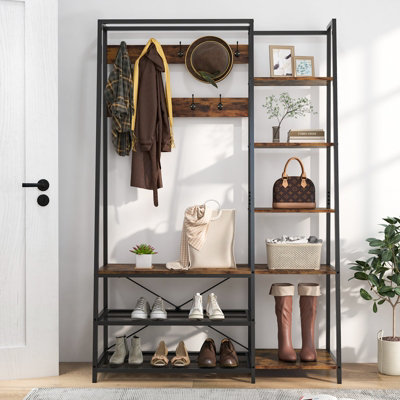 COSTWAY Hall Tree with Storage Bench Industrial Coat Rack Shoe Bench w/ 9 Hooks - 4