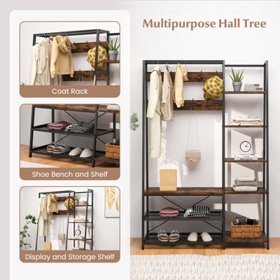 COSTWAY Hall Tree with Storage Bench Industrial Coat Rack Shoe Bench w/ 9 Hooks - 6