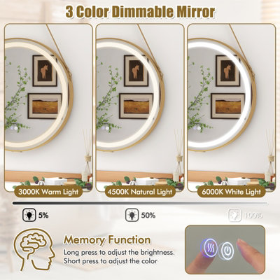 COSTWAY Hanging Bathroom Mirror 60 cm Round Wall Mirror w/ 3 Colors LED ...