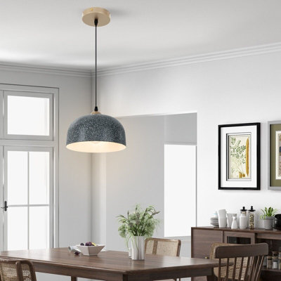 Nordic Height-Adjustable Stone Pendant Light – Wood Grain Travertine Shade, 3.9