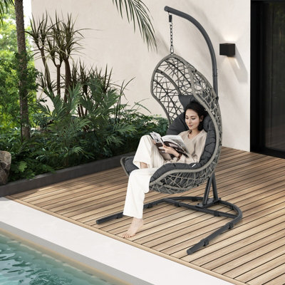 Costway Hanging Egg Chair w/ Stand Indoor Outdoor Patio Wicker Swing Chair - 3