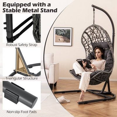 Costway Hanging Egg Chair w/ Stand Indoor Outdoor Patio Wicker Swing Chair - 6