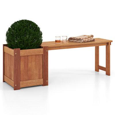 COSTWAY Hardwood Flower Box w/ Bench Outdoor Raised Garden Bed Planter ...