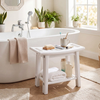 COSTWAY HDPE Shower Bench Waterproof Bath Stool with Storage Shelf Handles
