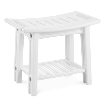 COSTWAY HDPE Shower Bench Waterproof Bath Stool with Storage Shelf Handles