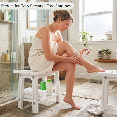 COSTWAY HDPE Shower Bench Waterproof Bath Stool with Storage Shelf Handles