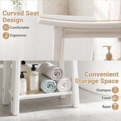 COSTWAY HDPE Shower Bench Waterproof Bath Stool with Storage Shelf Handles