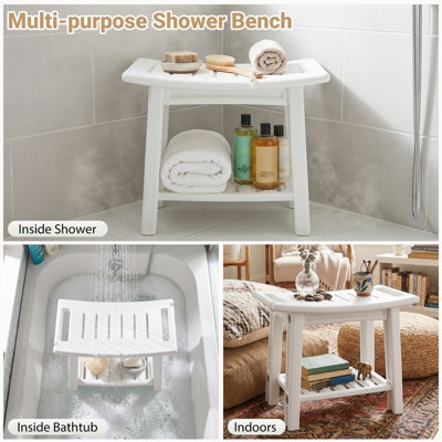 COSTWAY HDPE Shower Bench Waterproof Bath Stool with Storage Shelf Handles