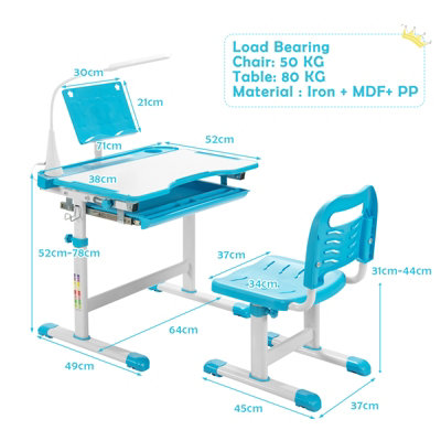 Costway Height Adjustable Kids Desk Chair Set Study Drawing w/Lamp &  Bookstand Blue