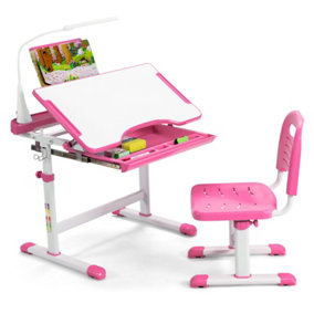 Costway Height Adjustable Kids Study Table and Chair Set w/Book Stand & LED Light