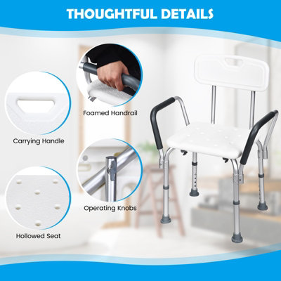 Costway Height Adjustable Padded Tub Bath Seat Disability Shower Chair Stool W/ Armrest - 6