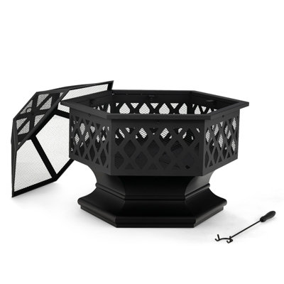 Costway Hexagon Fire Pit Patio Charcoal Log Metal Fire Bowl w/ Fire Poker