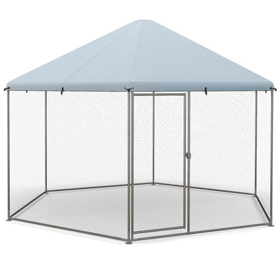 Costway Hexagonal Metal Chicken Coop Chicken Run House Spire-shaped Cage w/ Wire Mesh