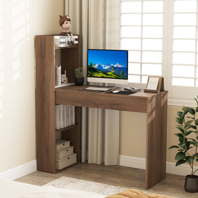 COSTWAY Home Office Desk with Bookshelf 110 CM Corner Computer Table ...