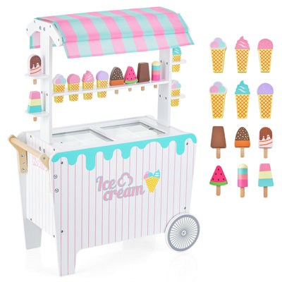 Costway Ice Cream Cart Play for Kids w Large Wheels Canopy Frozen Compartment