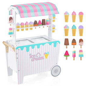 Costway Ice Cream Cart Play for Kids w/Large Wheels Canopy Frozen Compartment
