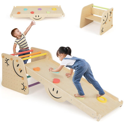 Costway Indoor Kids Climbing Toys Wooden Climber Set w/ Reversible Ramp