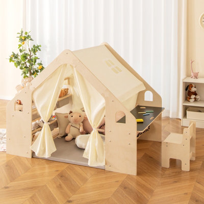 Costway Indoor Large Play Tent Wooden Frame Kids Playhouse W Desk Chair Floor Cushion DIY at B Q