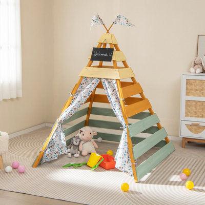 Costway Indoor Outdoor Wooden Play Tent Kids Teepee Tent Triangle Hideaway Playhouse