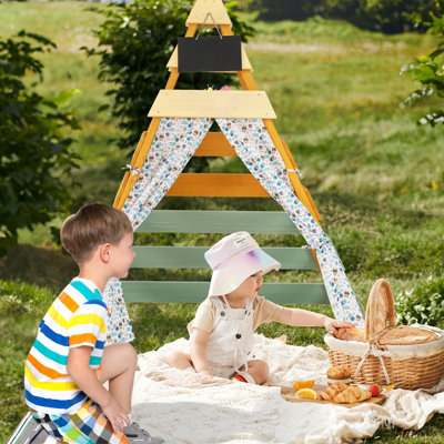 Costway Indoor Outdoor Wooden Play Tent Kids Teepee Tent Triangle Hideaway Playhouse