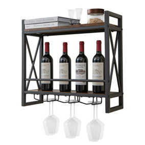 Costway Industrial 2-Tier Wine Rack Wall Mounted Wine Storage Shelf w/3 Glass Holders