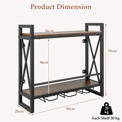 Costway Industrial 2-Tier Wine Rack Wall Mounted Wine Storage Shelf w/3 Glass Holders