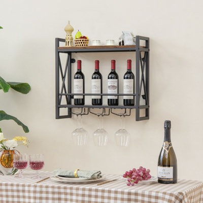 Costway Industrial 2-Tier Wine Rack Wall Mounted Wine Storage Shelf w/3 Glass Holders - 3