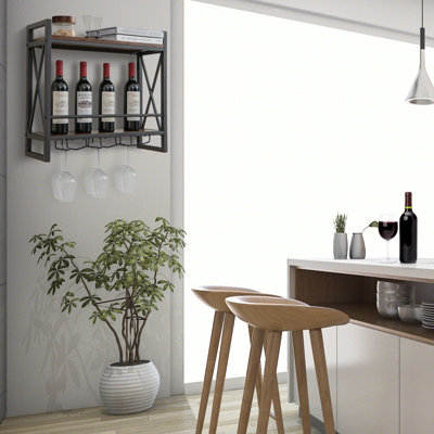 Costway Industrial 2-Tier Wine Rack Wall Mounted Wine Storage Shelf w/3 Glass Holders - 4