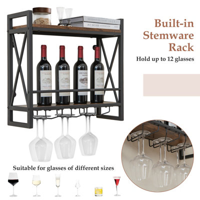 Costway Industrial 2-Tier Wine Rack Wall Mounted Wine Storage Shelf w/3 Glass Holders - 6
