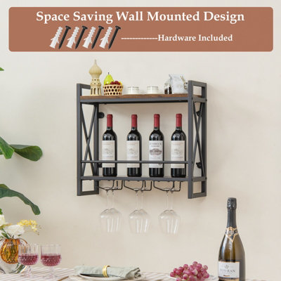 Costway Industrial 2-Tier Wine Rack Wall Mounted Wine Storage Shelf w/3 Glass Holders - 8