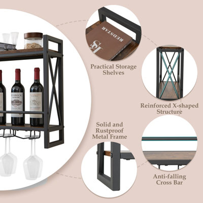 Costway Industrial 2-Tier Wine Rack Wall Mounted Wine Storage Shelf w/3 Glass Holders - 9