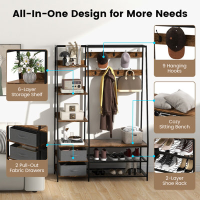 Costway Industrial Coat Rack Metal Garment Clothes Rails Storage Organizer 2 Drawers - 6