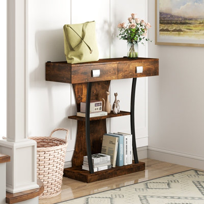 COSTWAY Industrial Console Table T-Shaped Entryway Table Rustic Brown