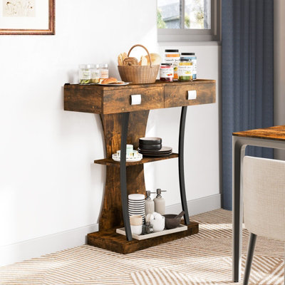 COSTWAY Industrial Console Table T-Shaped Entryway Table Rustic Brown