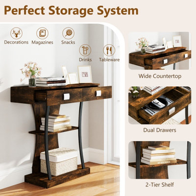 COSTWAY Industrial Console Table T-Shaped Entryway Table Rustic Brown