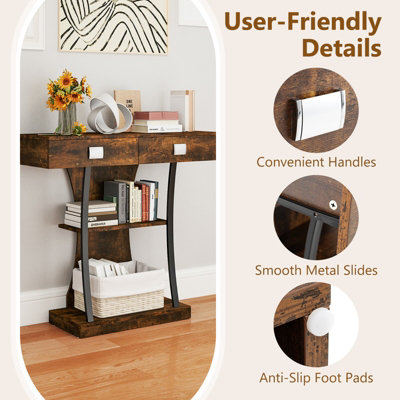 COSTWAY Industrial Console Table T-Shaped Entryway Table Rustic Brown