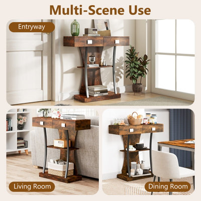 COSTWAY Industrial Console Table T-Shaped Entryway Table Rustic Brown