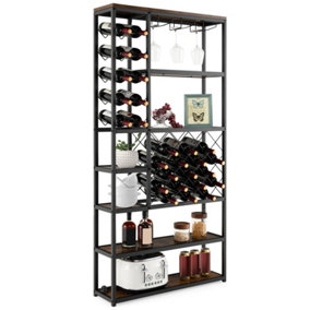 Costway Industrial Floor Wine Rack Freestanding Wine Display Shelf w/ Glass Holders