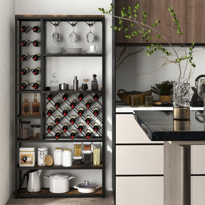 Costway Industrial Floor Wine Rack Freestanding Wine Display Shelf w/ Glass Holders - 3