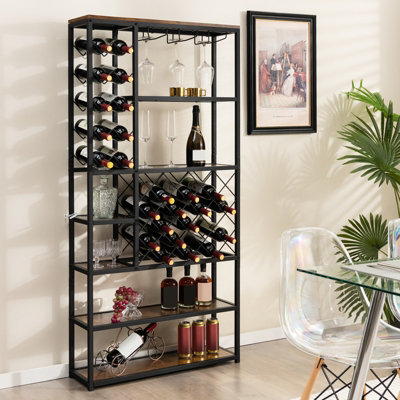 Costway Industrial Floor Wine Rack Freestanding Wine Display Shelf w/ Glass Holders - 4