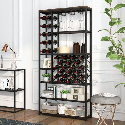 Costway Industrial Floor Wine Rack Freestanding Wine Display Shelf w/ Glass Holders - 5