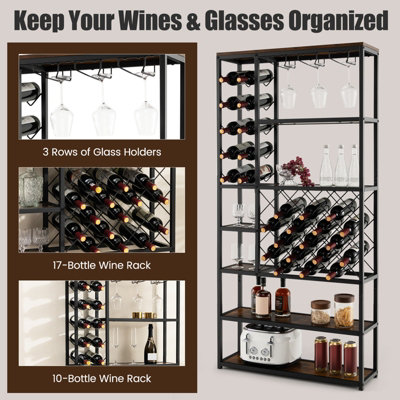 Costway Industrial Floor Wine Rack Freestanding Wine Display Shelf w/ Glass Holders - 6