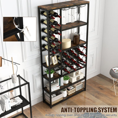 Costway Industrial Floor Wine Rack Freestanding Wine Display Shelf w/ Glass Holders - 8