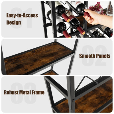 Costway Industrial Floor Wine Rack Freestanding Wine Display Shelf w/ Glass Holders - 9